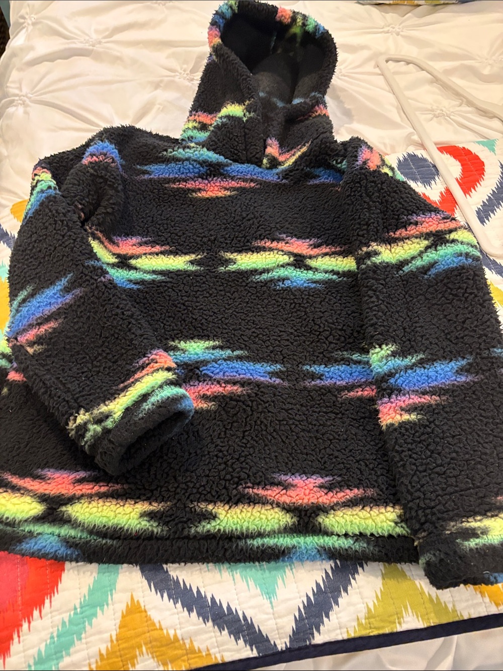 Place Black Sherpa Hoodie with Neon Rainbow Stripes